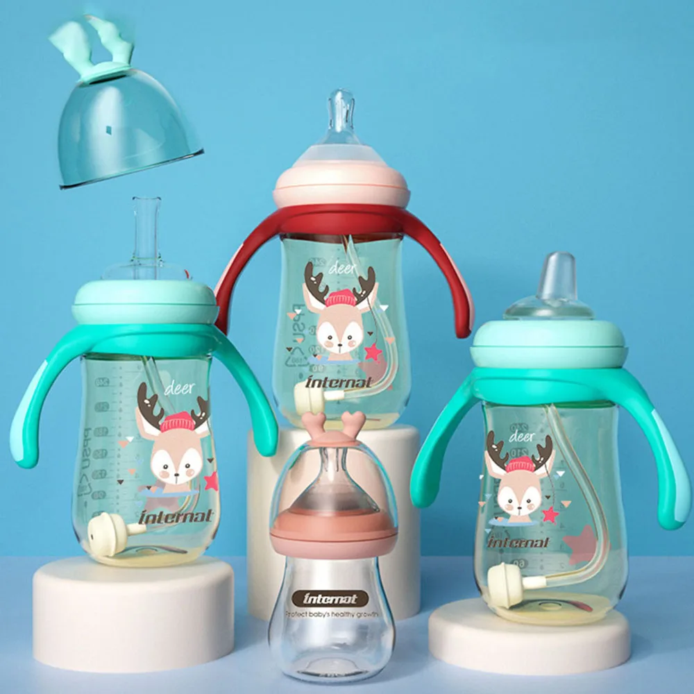 Adorable deer series 100/240/300ml wide mouth PPSU glass baby bottles are designed for babies