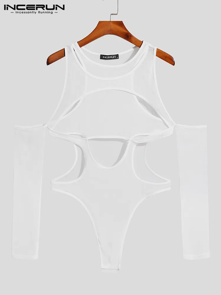 INCERUN Casual Loungewear New Men Hollow See-through Mesh Bodysuit Stylish Stretch Long-sleeved Off-the-shoulder Jumpsuits S-5XL