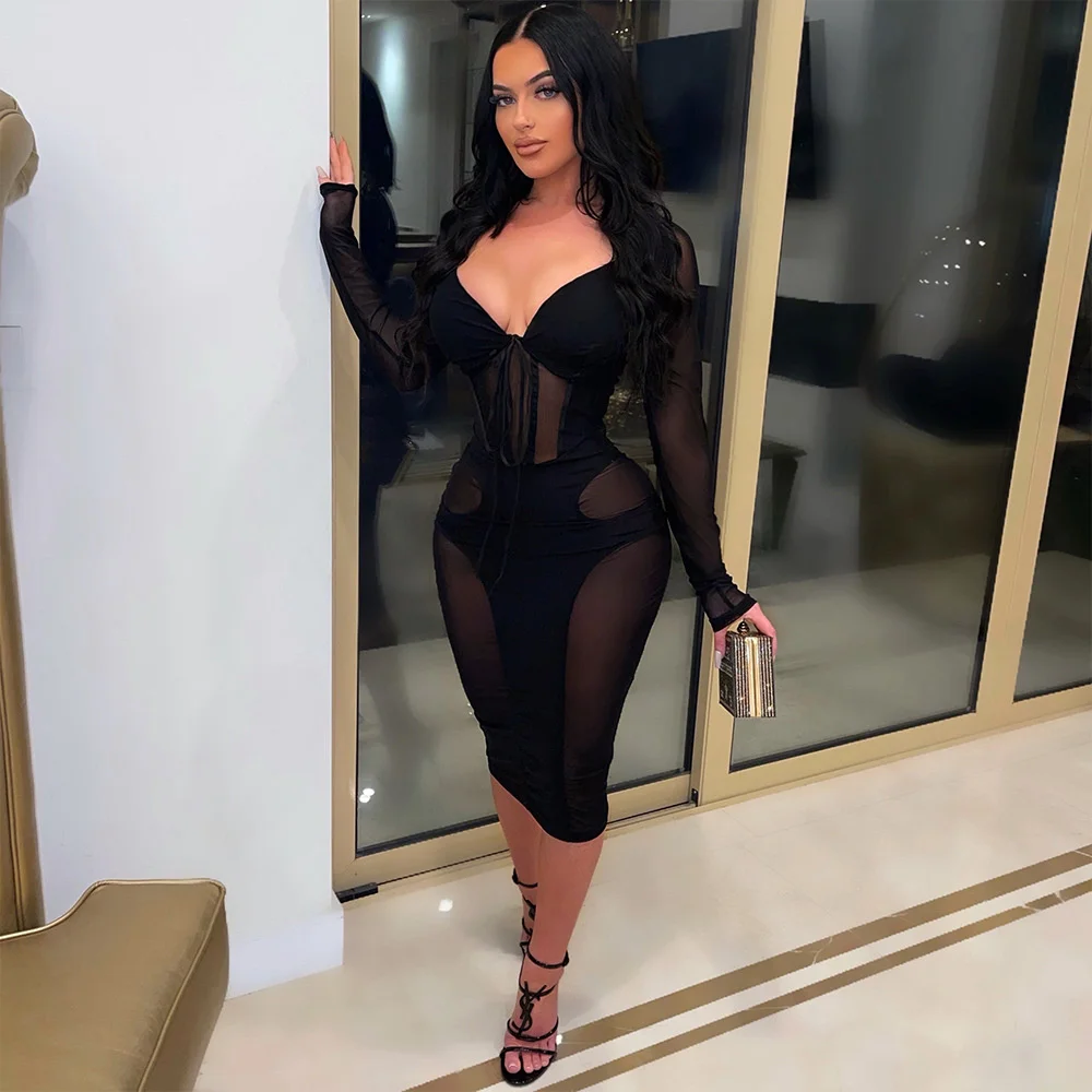 

SUJYing New Women's Fashion Sexy Mesh Splicing Perspective Bandage Dress