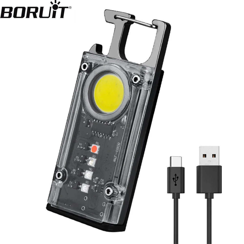 BORUiT Мини-ключ-светильник Светодиодный фонарик 500LM USB Перезаряжаемый COB Лампа для