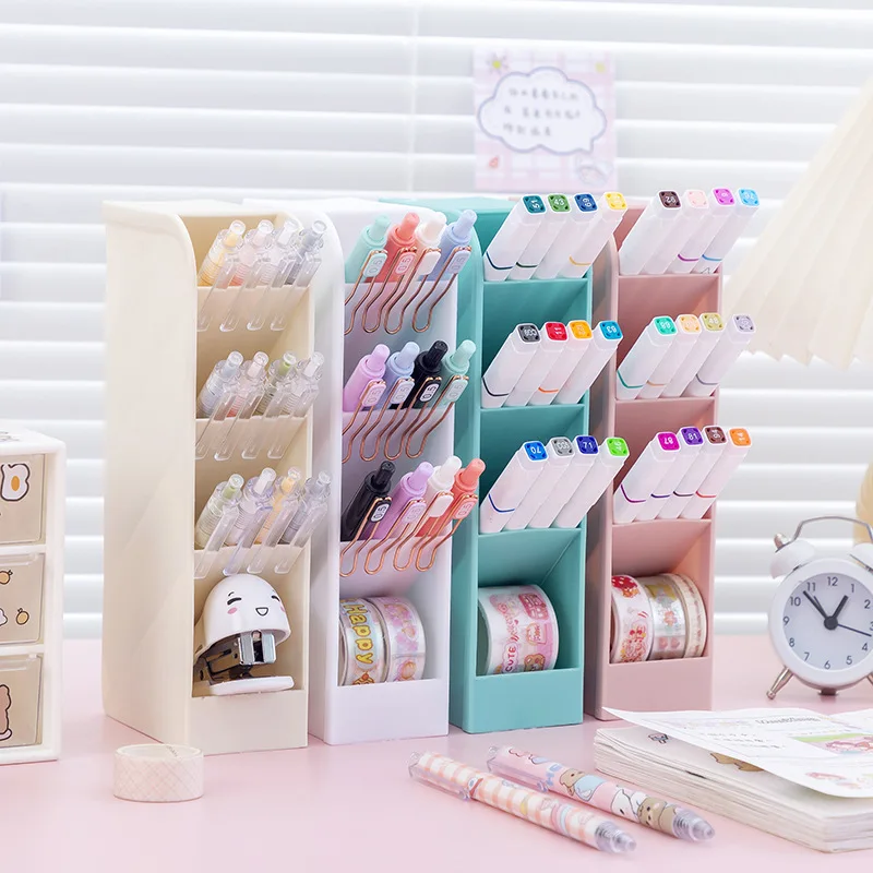 

New Desktop Organizer Pen Holder Pencil Makeup Brush Storage Box 4 Grid Oblique Insertion Storage Organizer School Stationery