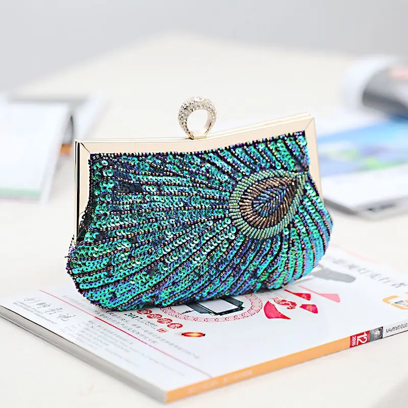 

Women Beaded Evening Bag Bag for Women 2022 Blue Peacock-shaped Square Dinner Bag Banquet Dress Clutch Party Purse Shoulder Bag