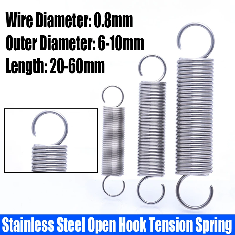 

5PCS 0.8mm Wire Dia 304 Stainless Steel Open Hook Tension Spring S Hook Extension Spring Coil Pullback Spring L=20-60mm