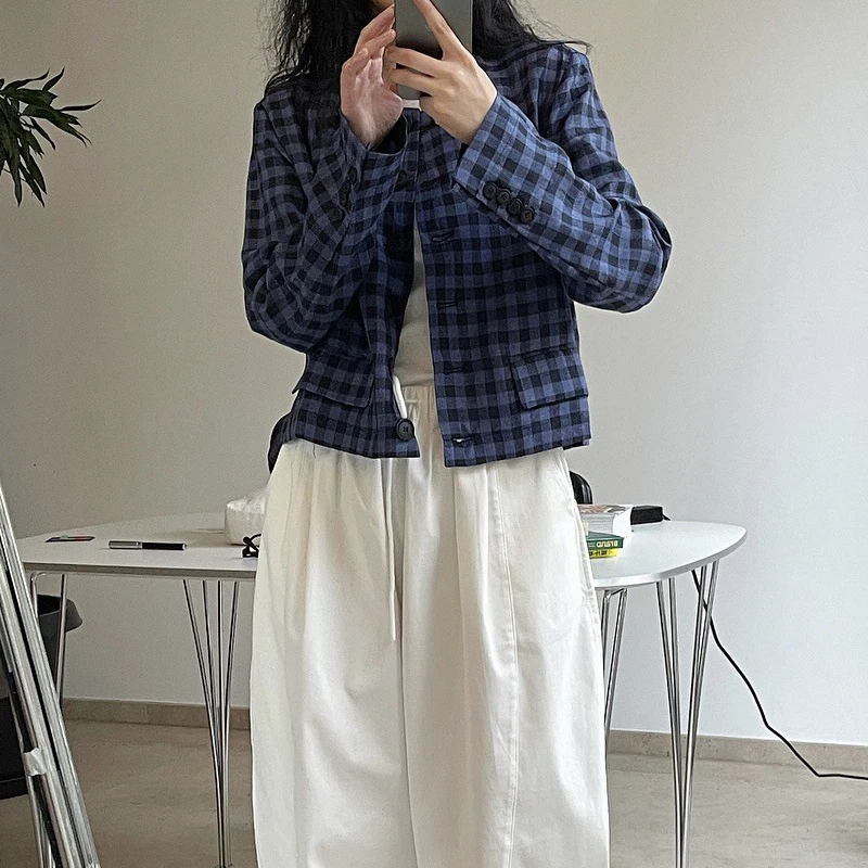 

Spring Autumn Women's Casual Plaid Round Neck Long Sleeve Pocket Decorative Loose Jacket