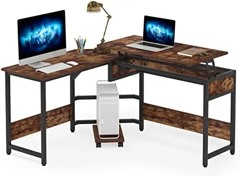

Shaped Desk with Lift Top, Modern Sit to Stand Corner Computer Desk with Storage Shelves, Rustic Height Adjustable Standing Desk