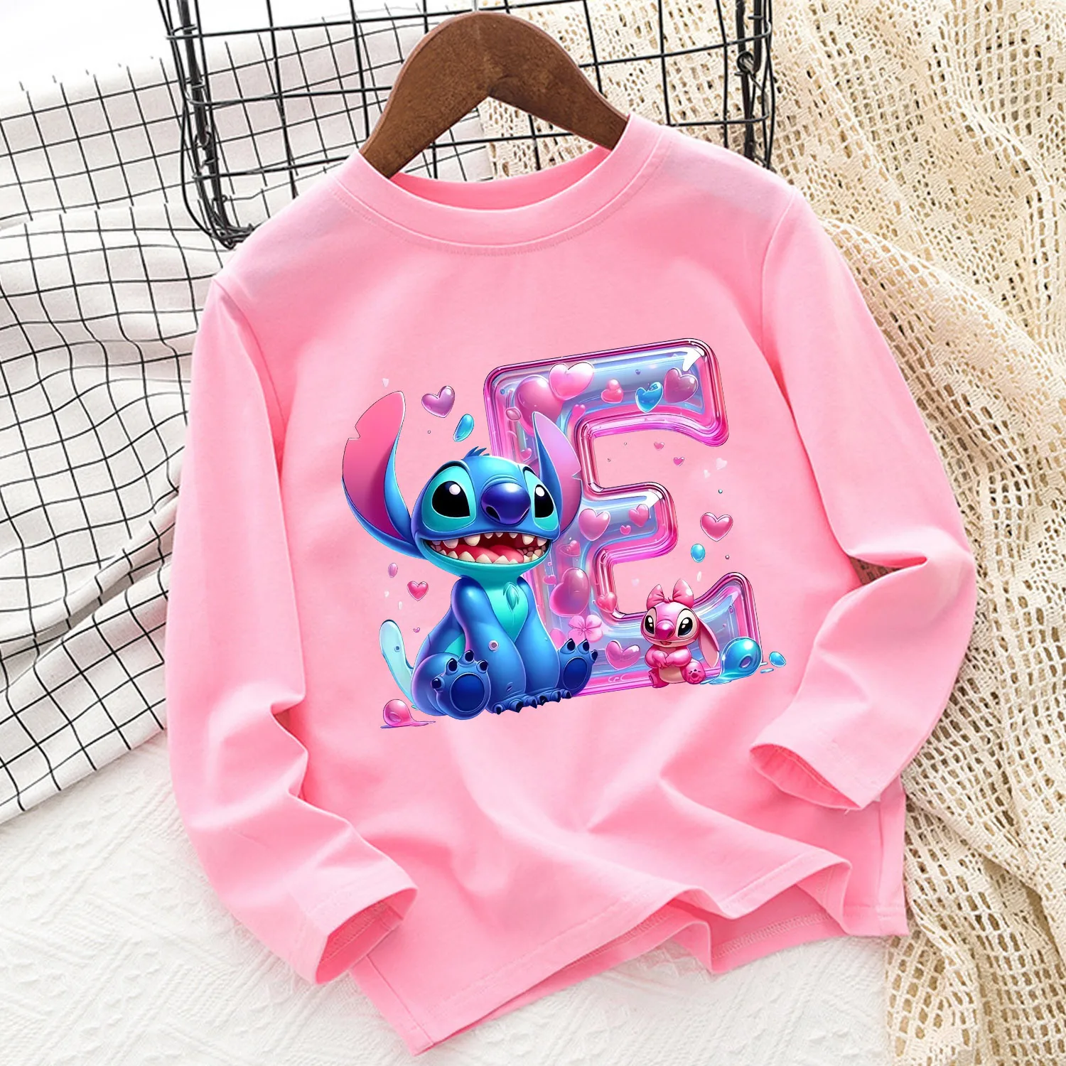 Stitch Disney Long Sleeve for Children A-Z Letter Cartoon Clothing Cute Pink Caftan Fashion Kids Clothes Round Neck Blouse Gift