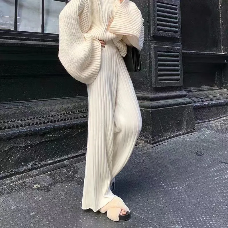 

Knitted Sunkeon Stripe Straight-through Pants Women Winter Autumn High Waist Slim Draping Effect Mop Pants Femme