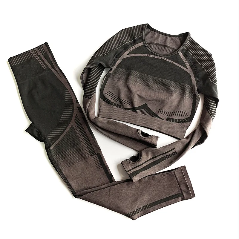 2Pcs Yoga Set Women Long Sleeve Navel revealing Crop Top T-Shirt Leggings Outfit Clothes Gym Wear Fitness Suit Sport Sets