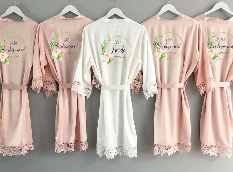 Personalised Bridesmaid Robes Wedding Dressing Gown Foliage Floral Bridal Robes Satin Wedding Satin Lace Detail Bridal Party New