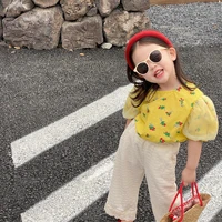 2022 summer new korean kids clothing girls shirts yellow floral puff sleeves mesh sleeves tops pullovers luxury fashion clothes