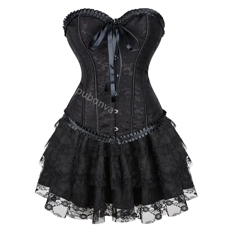 

Black Corset Dress Tutu Skrits Set Overbust With Lace Costume Party Sexy Burlesque Ladies Outfit Plus Size Gothic Halloween