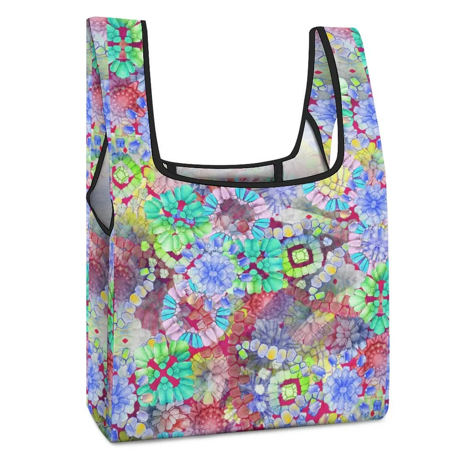Foldable Shopping Bag Handbag Straps for Crossbody Colorful Flower Painting Tote Casual Woman Grocery Bag Custom Pattern