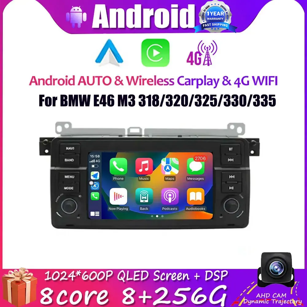 Для BMW E46 M3 318/320/325/330/335 Мультимедийное GPS-авторадио Android 14 беспроводной Carplay