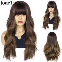 jt synthetic red brown copper ginger long natural wave wig with bangs ombre gray color wig for women heat resistant cosplay hair