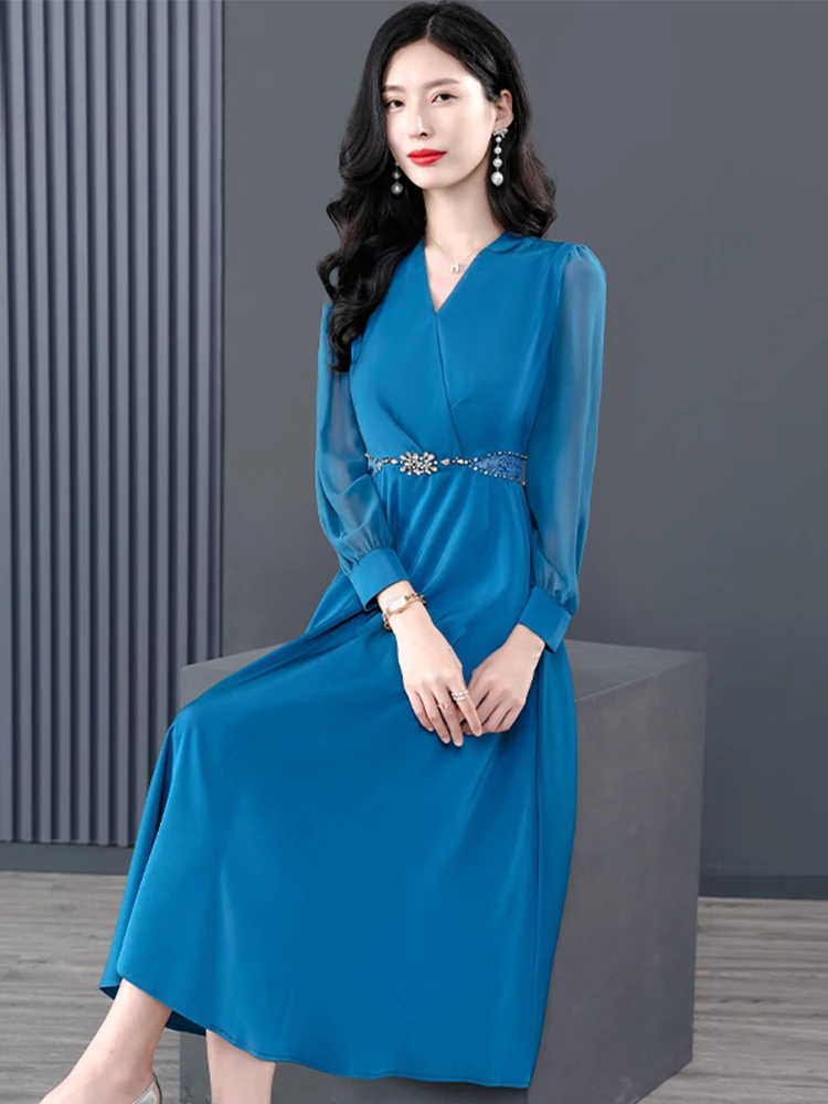 

Spring Autumn Blue Satin Fashion Midi Dress 2022 Boho Long Sleeve Casual Women Chiffon Korean Elegant Purple Party Night Dresses