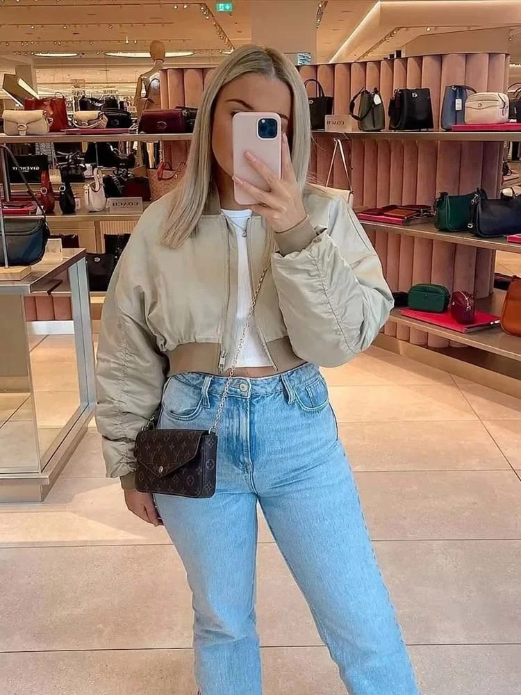 

Women Jackets Autumn Fashion Zipper Crop Padded Bomber Jacket Coat Vintage Long Sleeve Female Outerwear Chic Tops