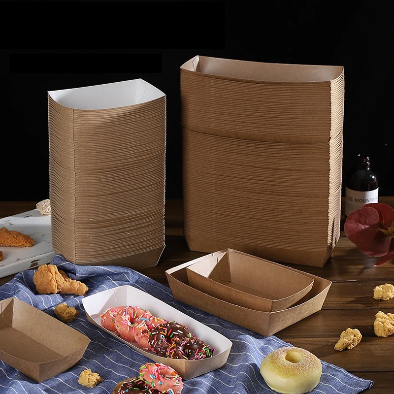 

100Pcs Food Contain Paper Food Serving Tray Kraft Paper Take-Out Boat Shape Snack Open Box French Fries Take Away Food Box