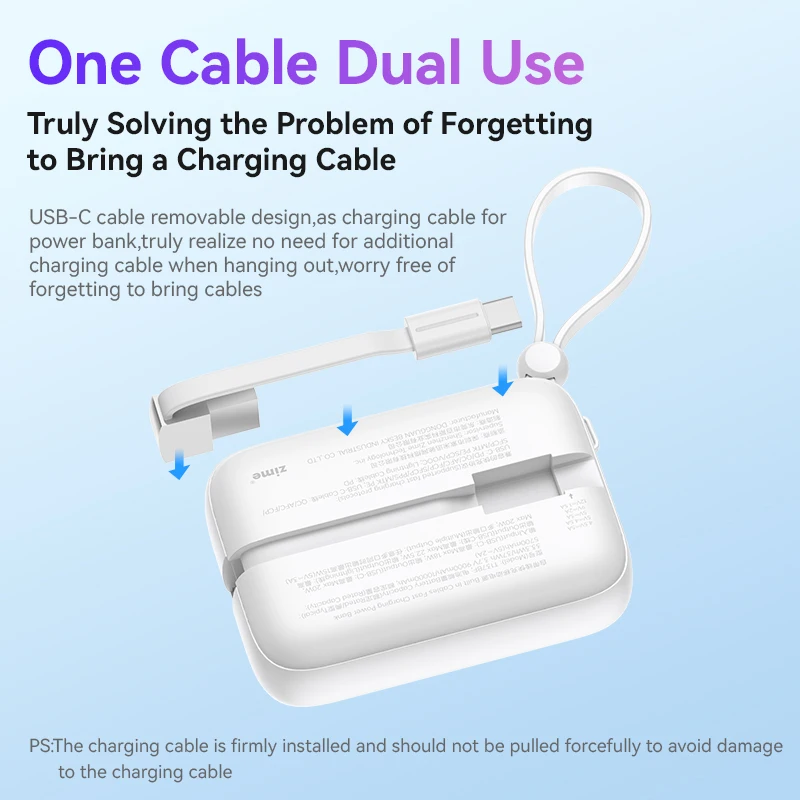 Zime Power Bank Portable 10000mAh Mini Built-in Fast Charging Cables PD20W Powerbank External Battery Charger for iPhone 14 13