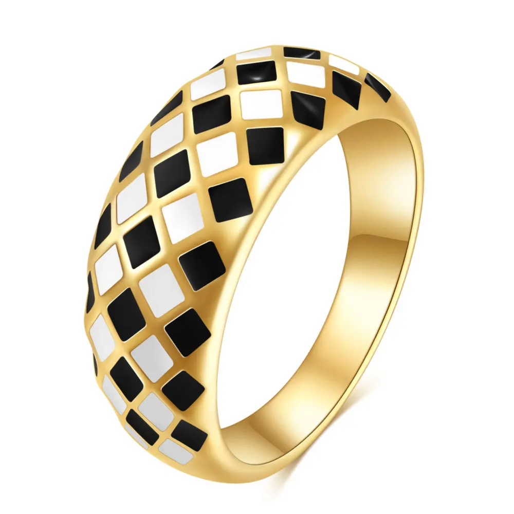 

HNSP 2022 Trend Stainless Steel Black White Grid Pattern Gold Ring For Women Female Anel Jewelry Gift