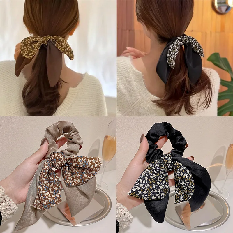 Floral Hair Scarf Girls Hair Scarf Bows Rubber Bands Chiffon Elastic Hair Bands For Women Hair Ties Accessories