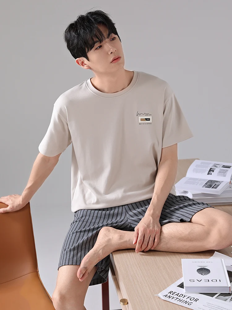 Пижамы мужские летние хлопковые тонкие шорты с короткими рукавами и круглым