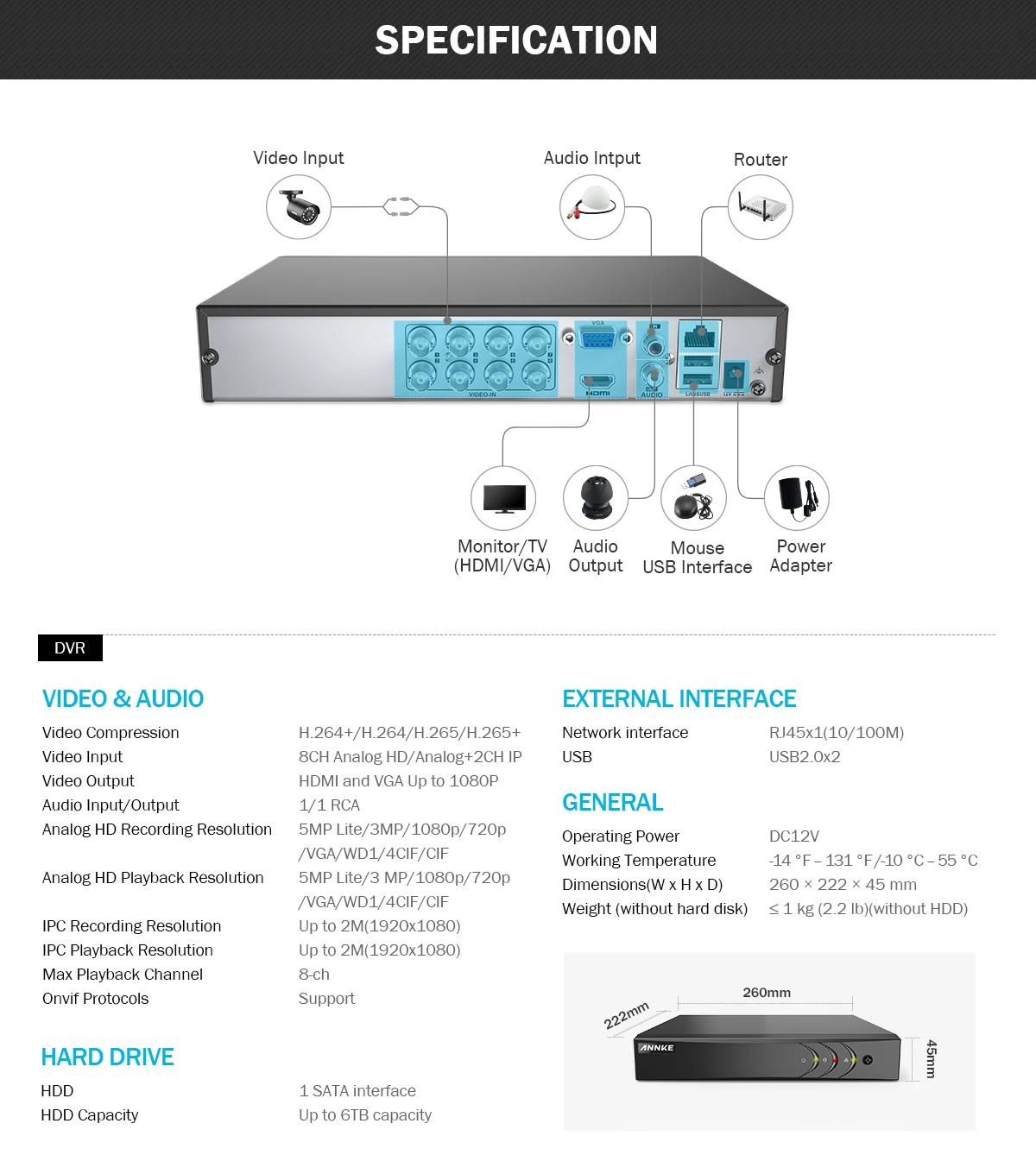 Система видеонаблюдения ANNKE 8CH 2MP HD H.265 + 5 В 1 5MP Lite DVR с 4 водонепроницаемыми камерами