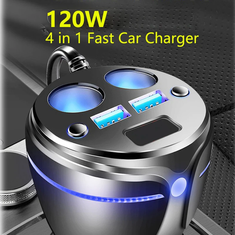

USB Car Charger for Cigarette Lighter 120W 4 in 1 Fast Charging for iPhone 13 Pro max 12 11 7 8 plus Xiaomi Samsung Huawei