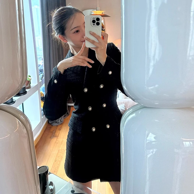 Женское двубортное твидовое платье во французском стиле на весну и осень женское