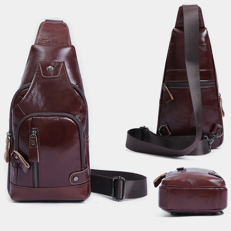 Fashion Cowhide Genuine Leather Waterproof Casual Daypack Sling Shoulder Chest Crossbody Bag for Men Outdoor Hiking Backpack