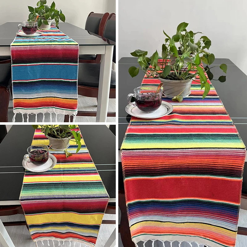 

35x213cm Mexican Serape Table Runner Contrast Tassel Shawl Tablecloth Cotton Linen Beach Mat Mexican Party Decoration