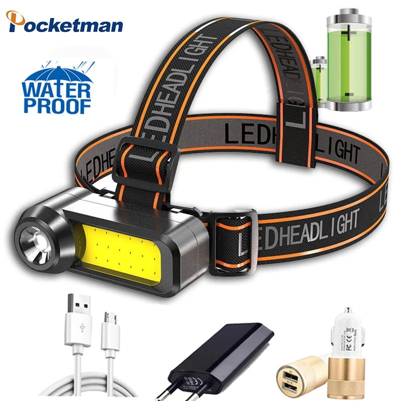 

Pocketman COB+LED Headlamp USB Rechargeable Headlight Waterproof Head Lamp Long Range Head Light with Built-in Battery