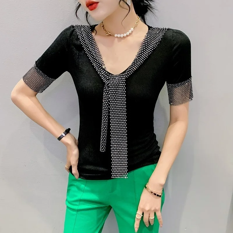 #5115 черно-белая футболка с коротким рукавом женская сексуальная Базовая