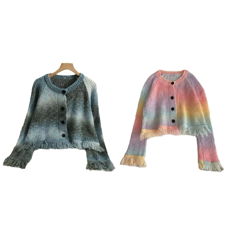 

F42F вязаный кардиган на пуговицах с градиентом, свитер для женщин, трикотаж с длинными рукавами и кисточками, винтажный