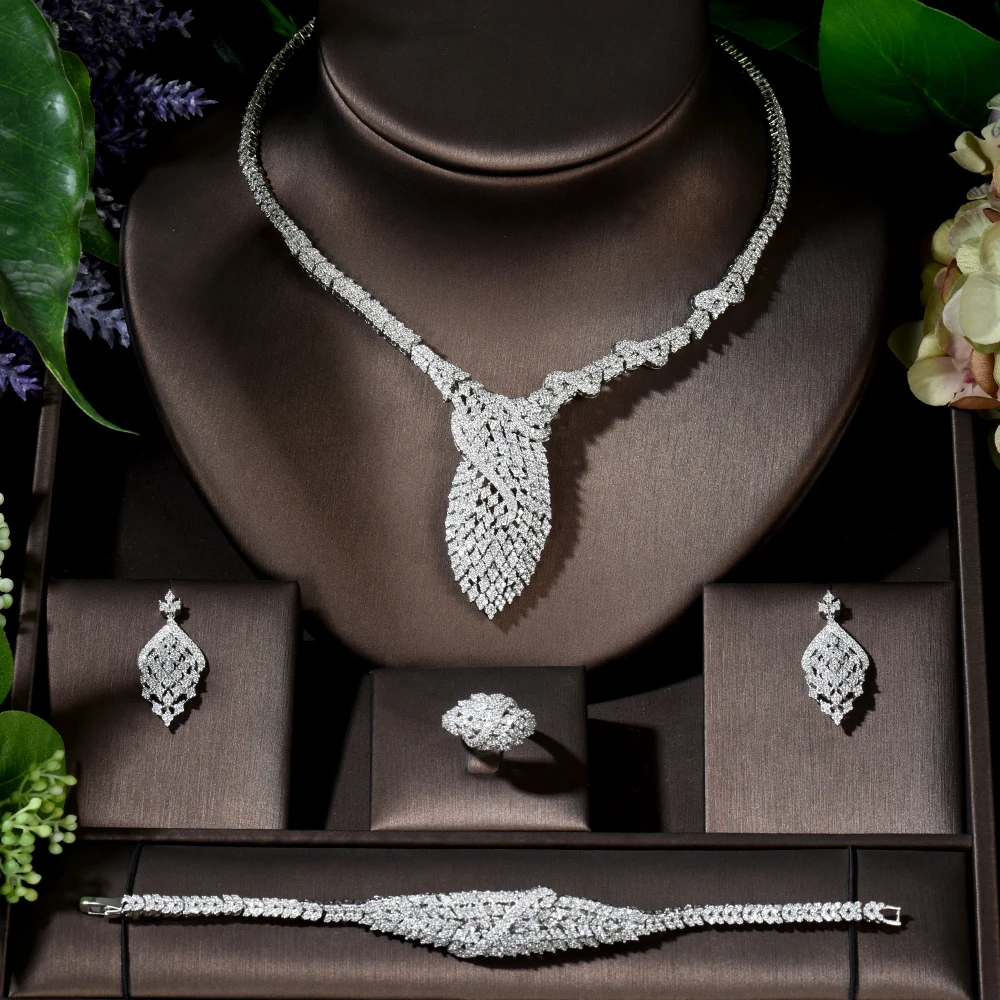 Fashion Elegent AAA Cubic Zircon 4pcs set Necklace Jewelry Wedding Bridal Set Geometric Design Jewelry Set for Lady Dress N-1413
