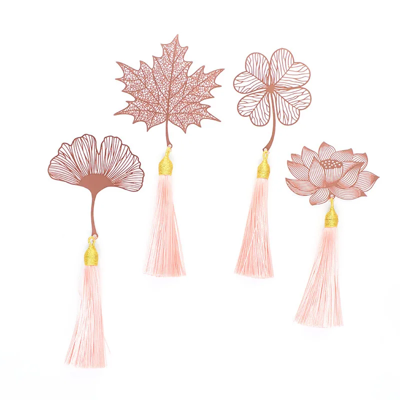 

1 Creative Leaf Vein Rose Gold Hollowed Out Maple Leaf Tassel Set Apricot Lotus Flower Bookmark Metal Bookmark