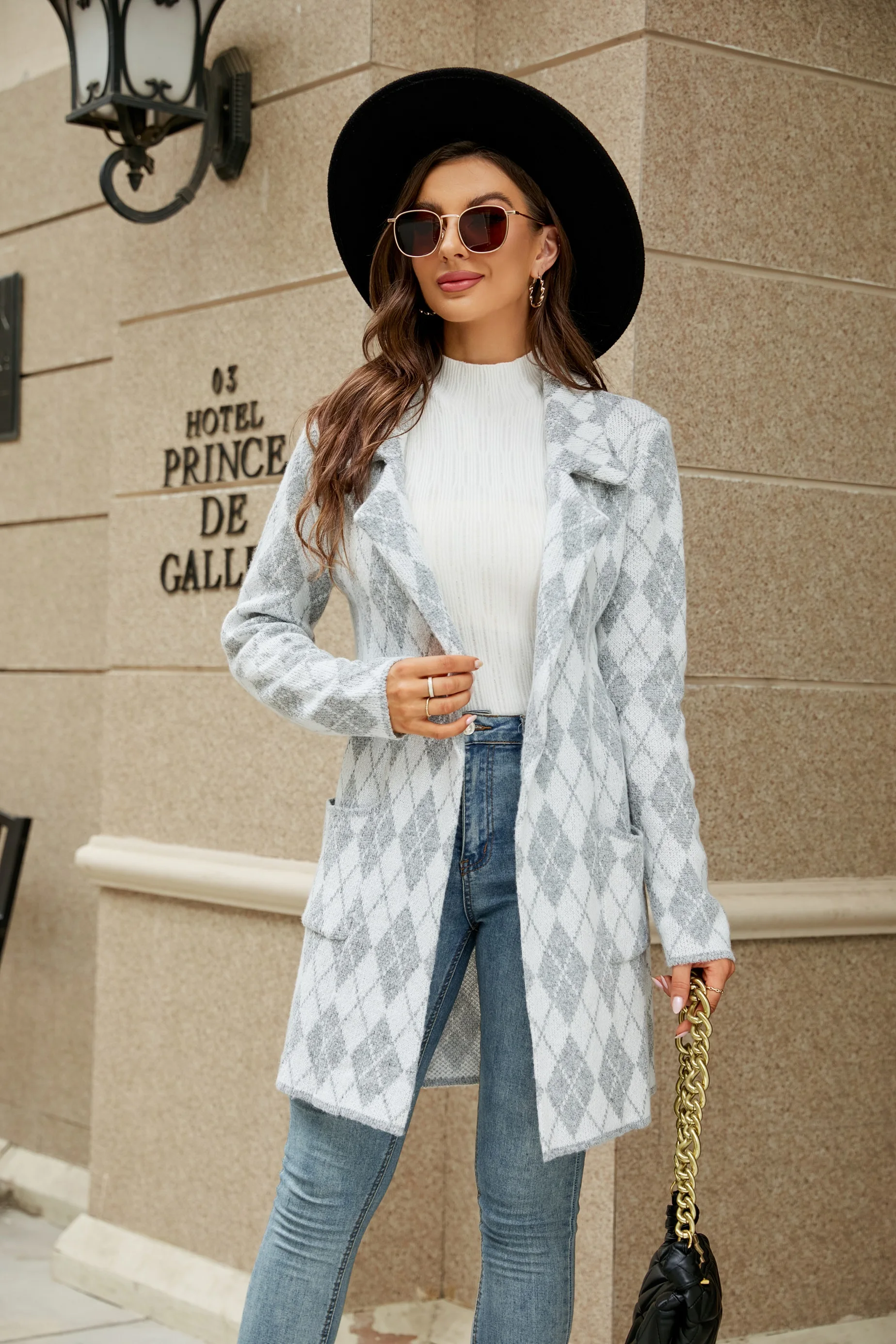 Autumn/Winter Women's Jackets New Turn-down Collar Pockets Plaid A-straight Knitted Coats Traf Elegant Long Cardigan Sweater images - 6