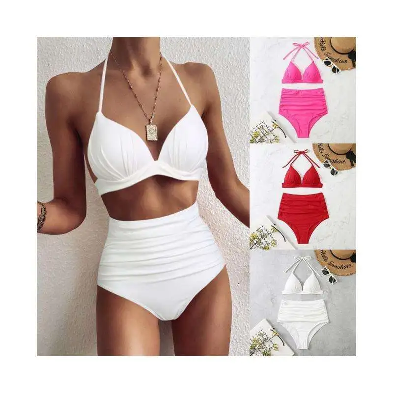 

High Waist Triangle Tether Halter Bikini Womens Split Solid Color Swimsuit Source Factory