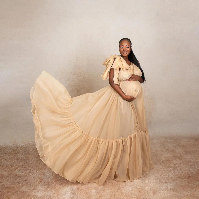 Plus khaki V Neck A-line Tulle Maternity Robes To Photo Shoot Pregnancy Long Dress Pregnant Women Baby Shower Party Dresses
