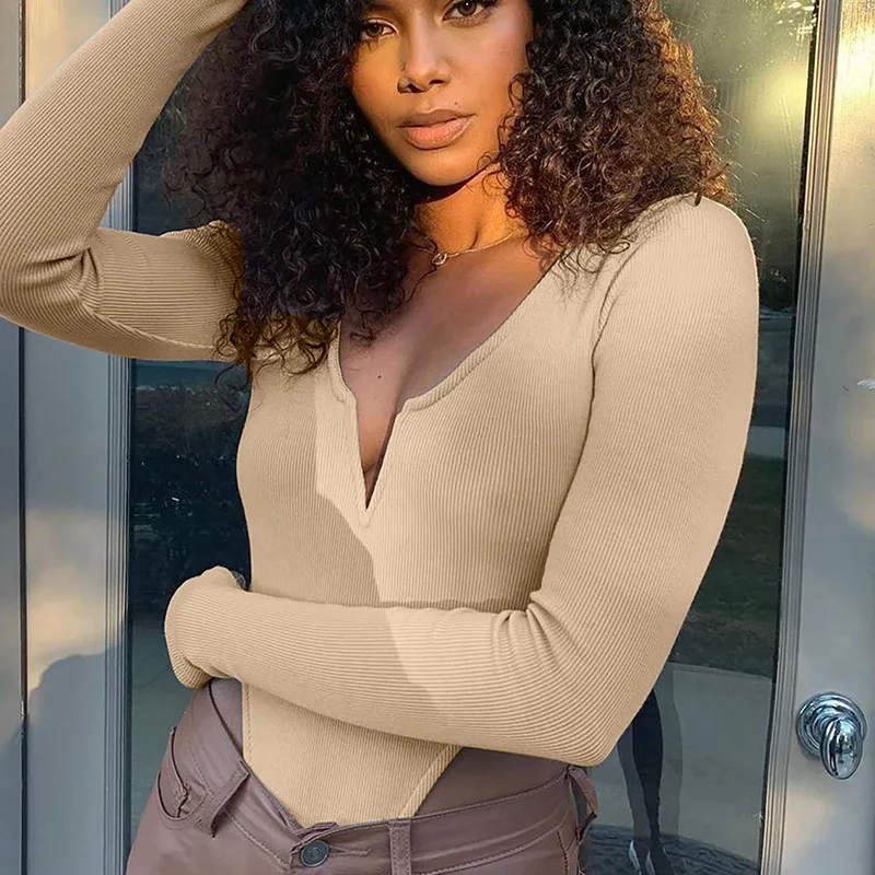 

2022 spring and autumn new bottoms Tight Sexy pit strip long sleeve V-neck Jumpsuit women