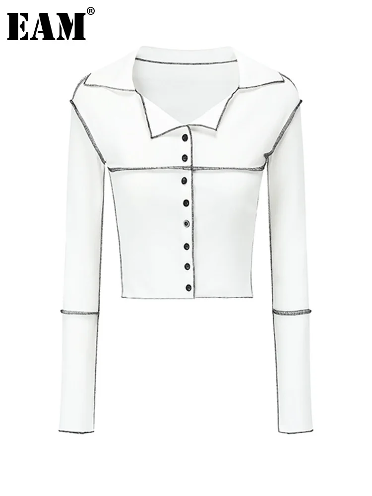 

[EAM] Women White Color-block Topstitched Single Breasted Sexy T-shirt New Lapel Sleeve Fashion Spring Autumn 2022 1DE7580