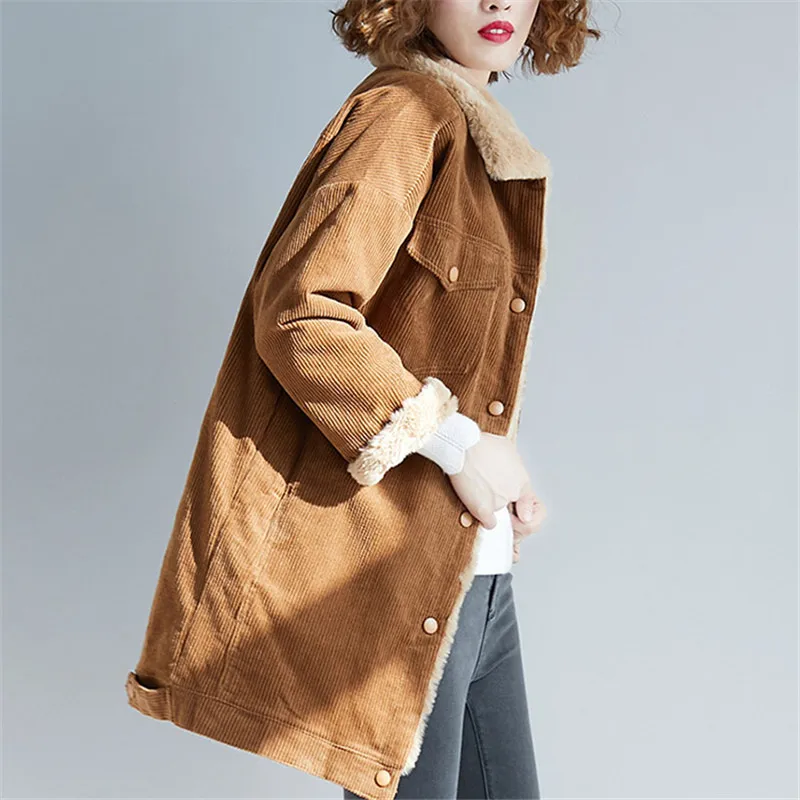 Autumn and Winter Jacket Ladies Corduroy Long Coat Lamb Wool Coat Female Long-sleeved Casual Single-breasted Jacket