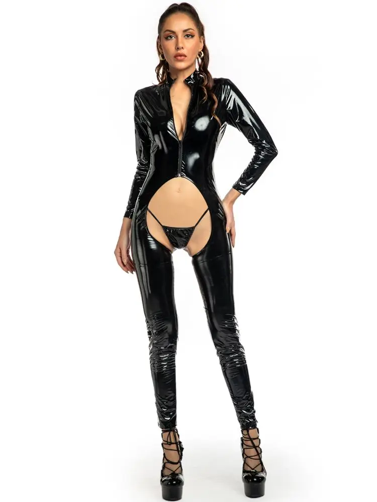 

Wet Look PVC Catsuit Open Crotch Bodysuit Tights Hot Sexy Shiny PU Leather Bodystocking Cosplay Jumpsuit Clubwear Outfit Leotard