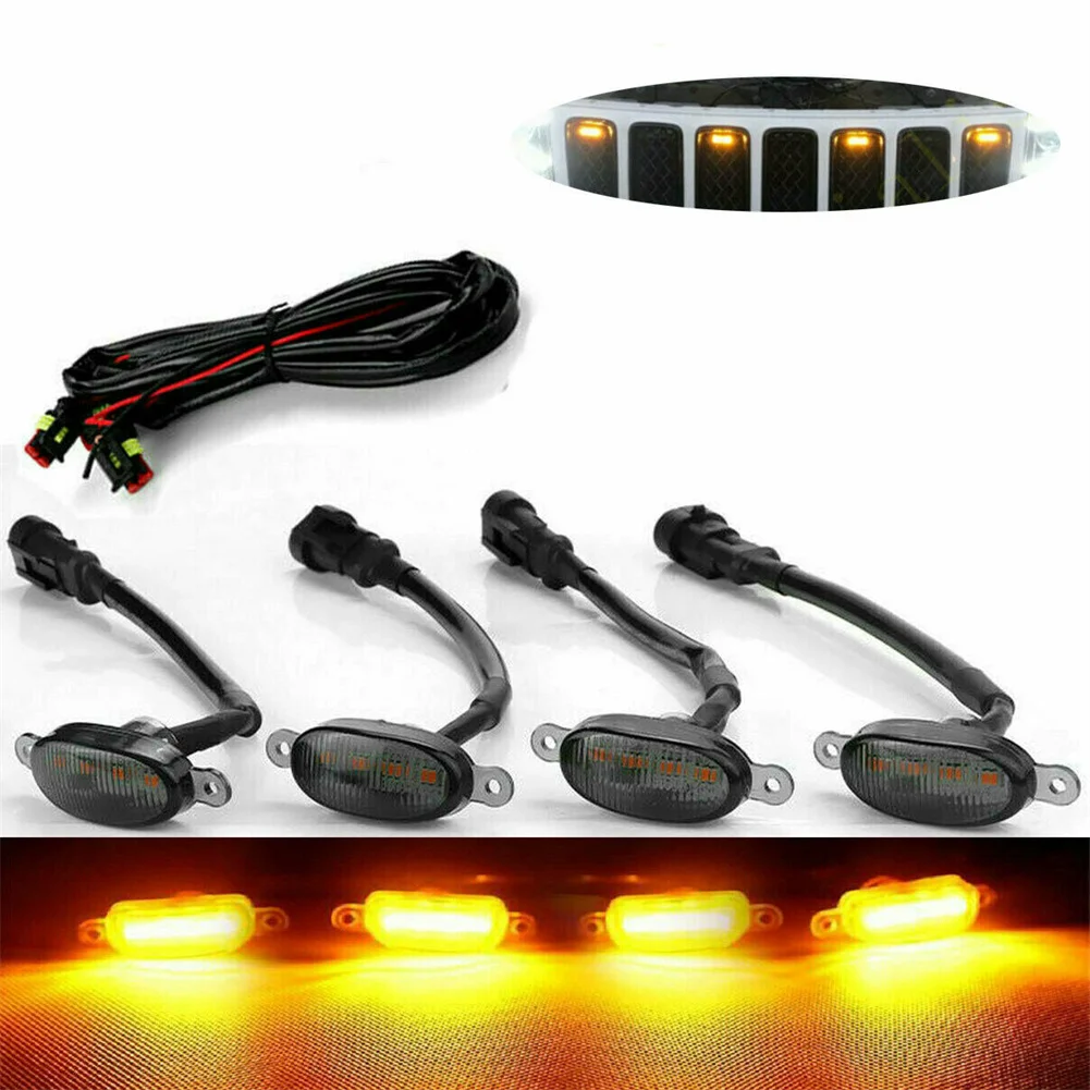  Front Grille LED Light Raptor Style Grill 4pcs Smoked Lens Amber Car Light LED Running Lights For Jeep Grand Cherokee 2003-2021