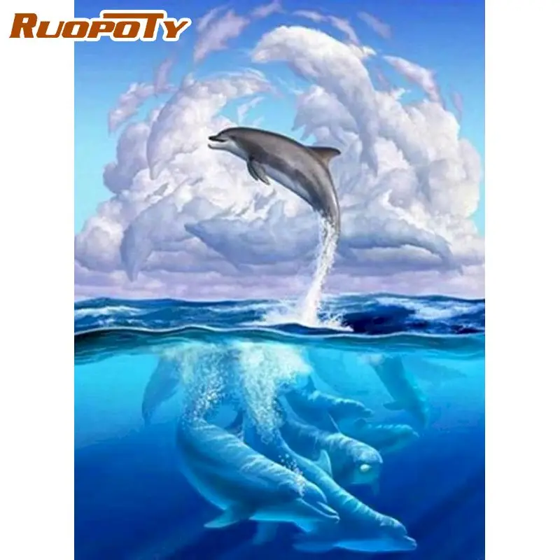 

RUOPOTY 5D Diamond Embroidery dolphin Animal Rhinestone Picture Mosaic Full Layout Diamond Painting 5D DIY Spring Wall Art