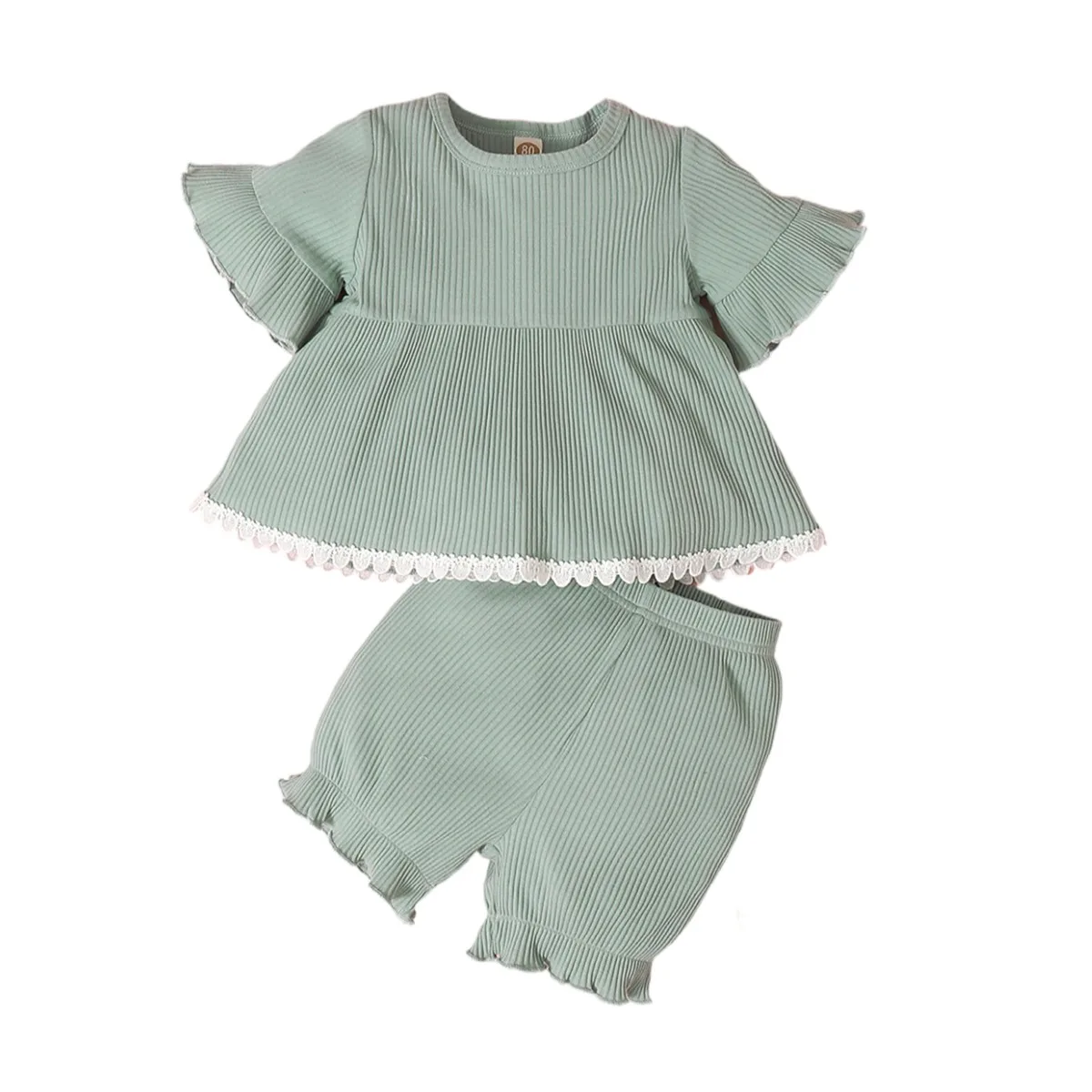 

Girl Set Summer Infant Girls Clothes Light Green Casual Baby Kids Clothing Pit Stripe Flared Sleeve Shorts 2Pcs Fashion Outfits