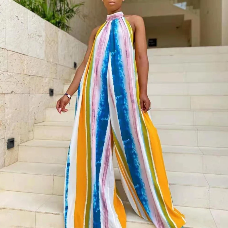 

Summer Sleeveless High Street Wide Leg Rompers Fashion Striped Print Halter Long Jumpsuit Women Backless Holiday Beach Playsuits