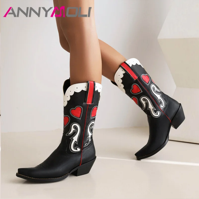 

ANNYMOLI Women Pu Leather Western Boots Mid Calf Boots Strange Style Pointed Toe Totem Lovely Winter Autumn Shoes Black 34-43