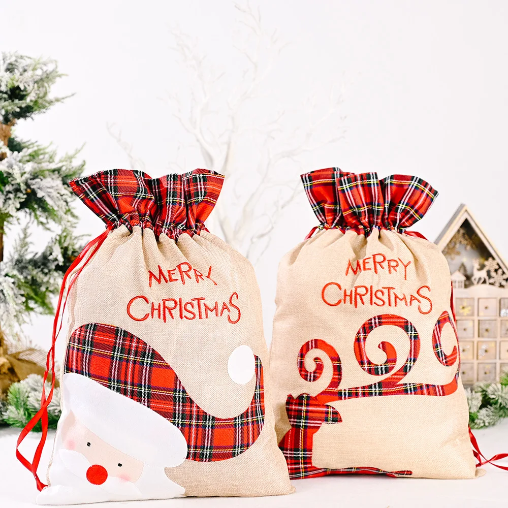 

Christmas Decorative Plaid Embroidered Large Cloth Bag Children's Festival Gift Bag Candy Bag