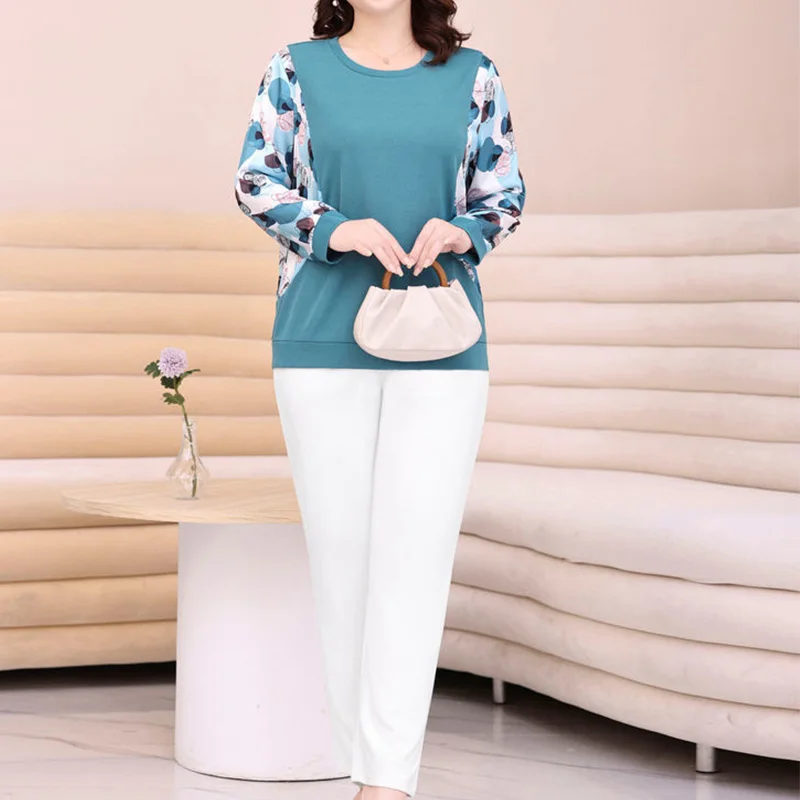 Simplicity Office Lady Round Neck Solid Color Loose Womens Top Fashion Printing Patchwork Long Sleeve Plus Size Pullover T-Shirt