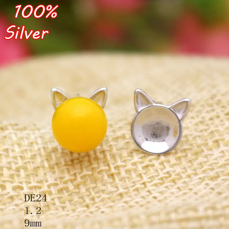 

2022 New 100% 925 Sterling Silver Color Cat Shape Stud Earrings Blank Fit 9mm Cabochon Base Tray for DIY Jewelry Accessories